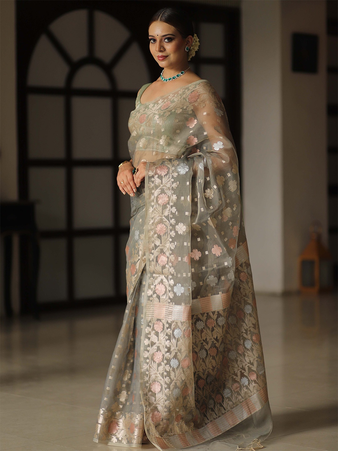 

Banarasee Ethnic Motifs Woven Design Zari Organza Banarasi Saree, Grey