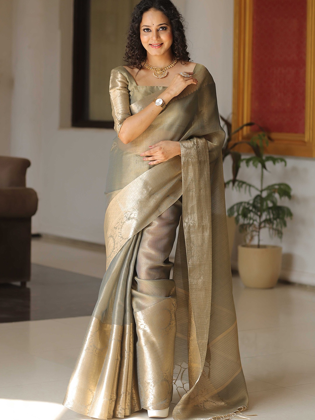 

Banarasee Ethnic Motifs Woven Design Zari Tissue Banarasi Saree, Grey