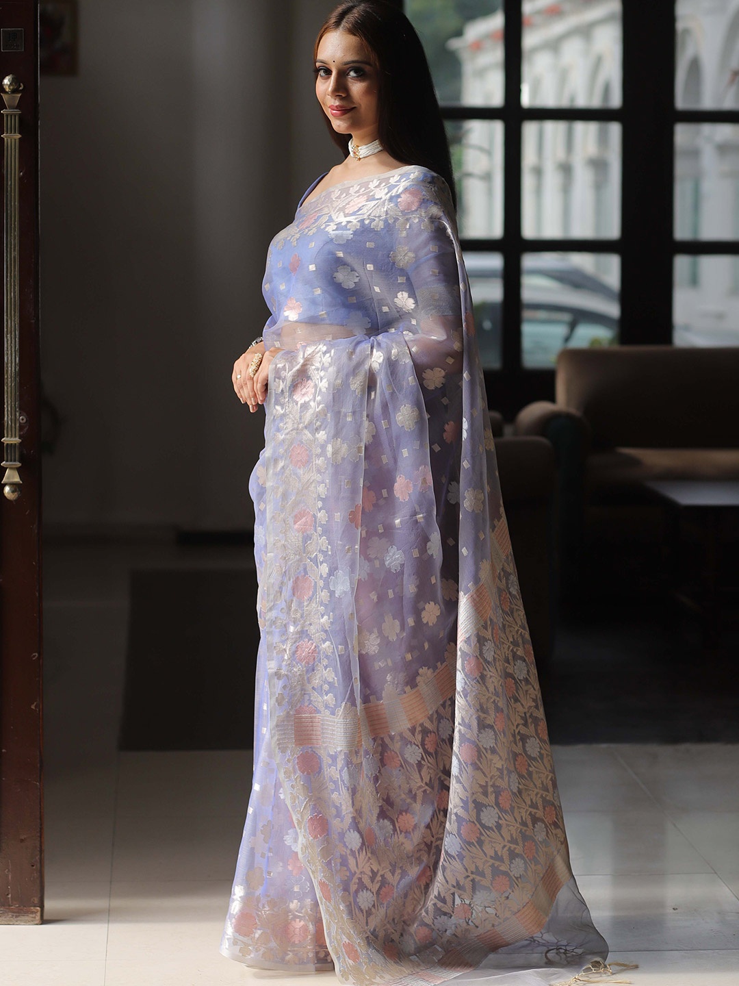 

Banarasee Ethnic Motifs Woven Design Zari Organza Banarasi Saree, Purple