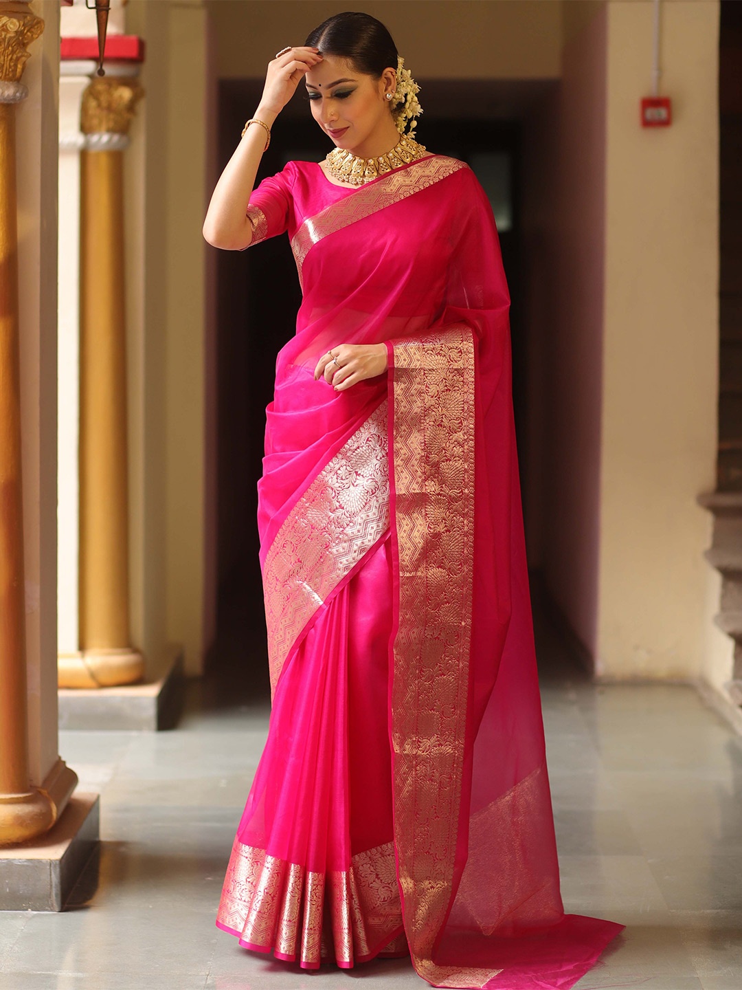 

Banarasee Ethnic Motifs Woven Design Zari Organza Banarasi Saree, Pink