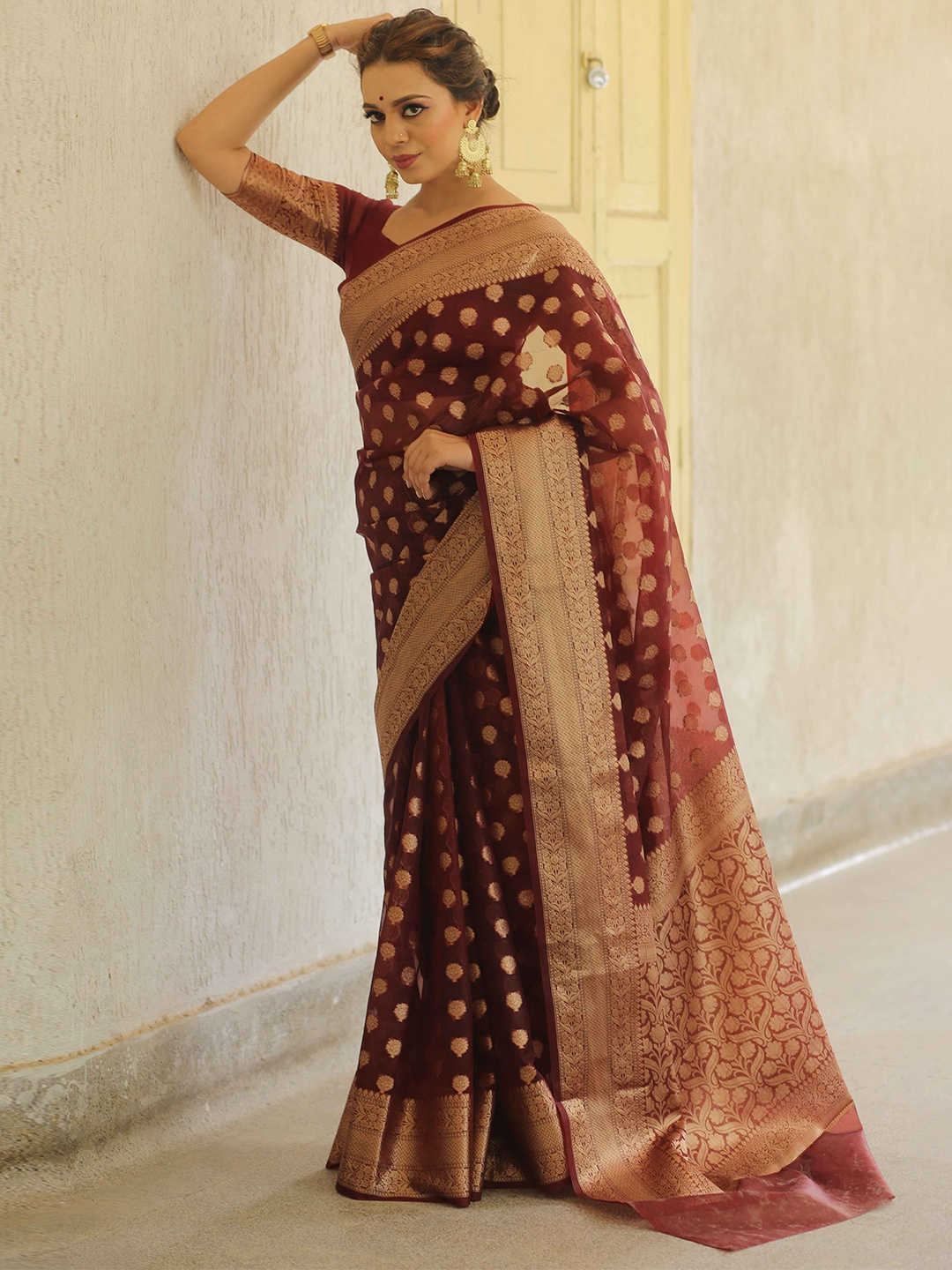 

Banarasee Ethnic Motifs Woven Design Zari Organza Banarasi Saree, Maroon