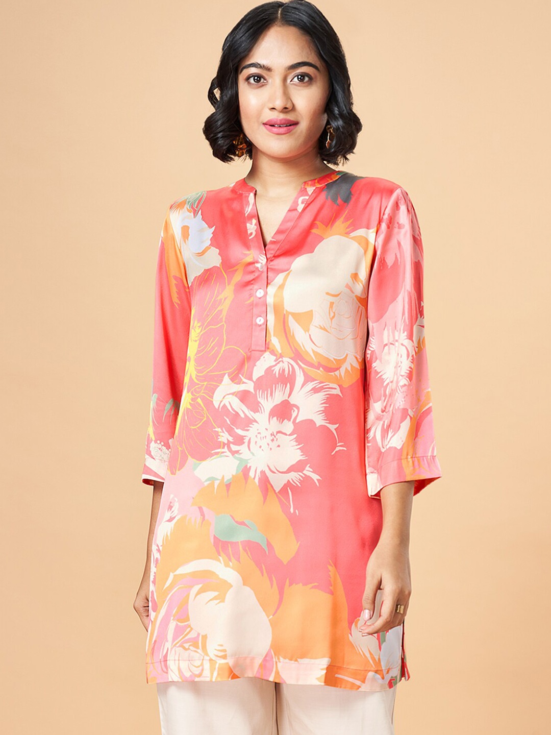 

Marigold Lane Floral Printed Mandarin Collar Tunic, Pink
