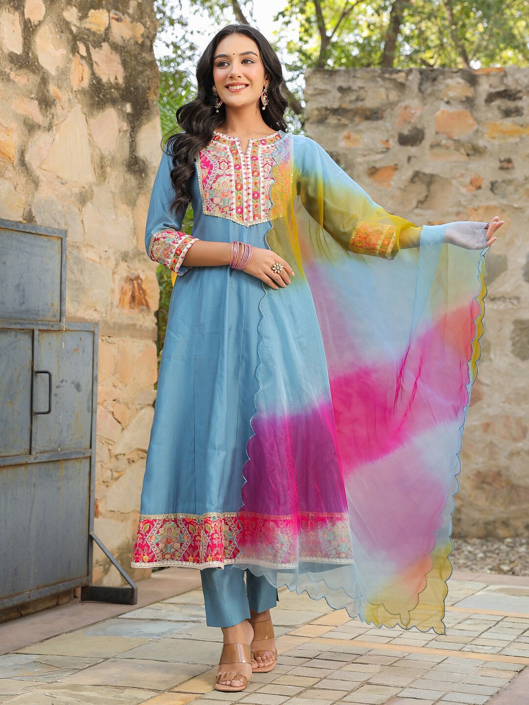 

Rain & Rainbow Floral Embroidered Anarkali Kurta &Trousers With Dupatta, Grey