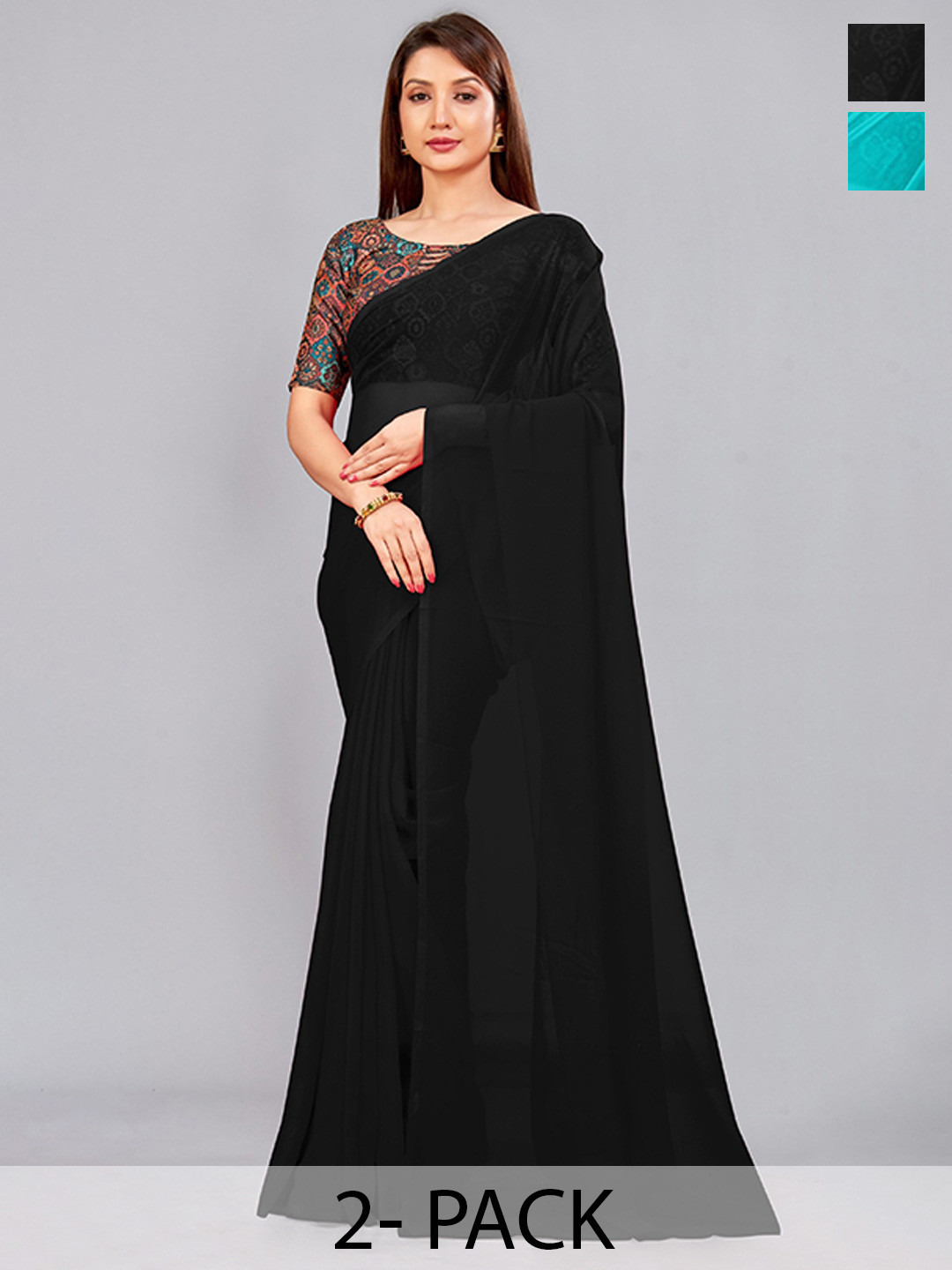 

CastilloFab Pack Of 2 Pure Georgette Saree, Black