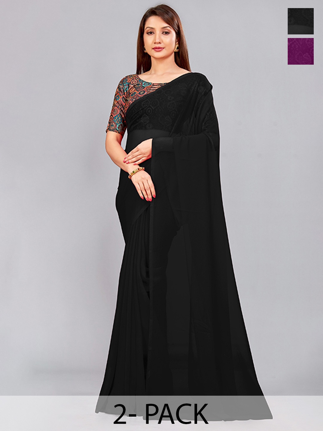 

CastilloFab Pack Of 2 Pure Georgette Saree, Black