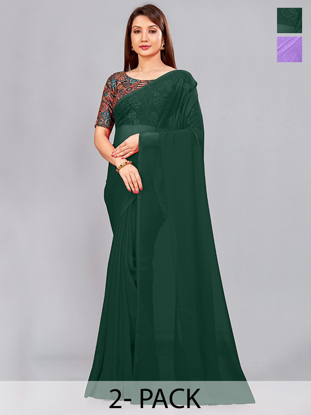 

CastilloFab Pack Of 2 Pure Georgette Saree, Green