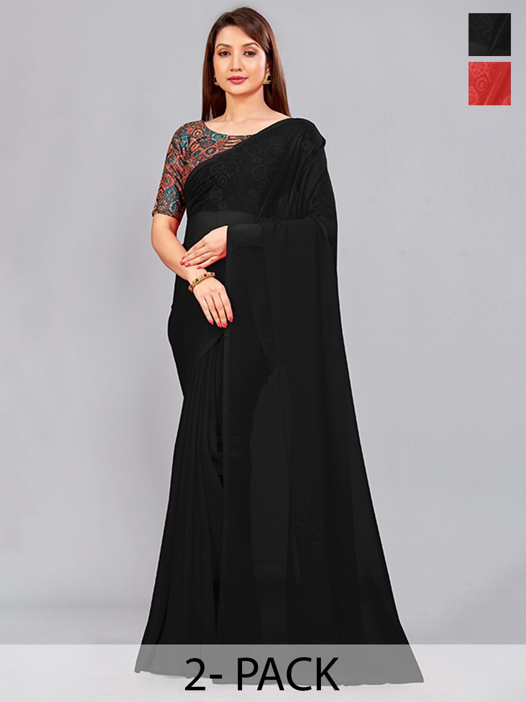 

CastilloFab Pack Of 2 Pure Georgette Saree, Black
