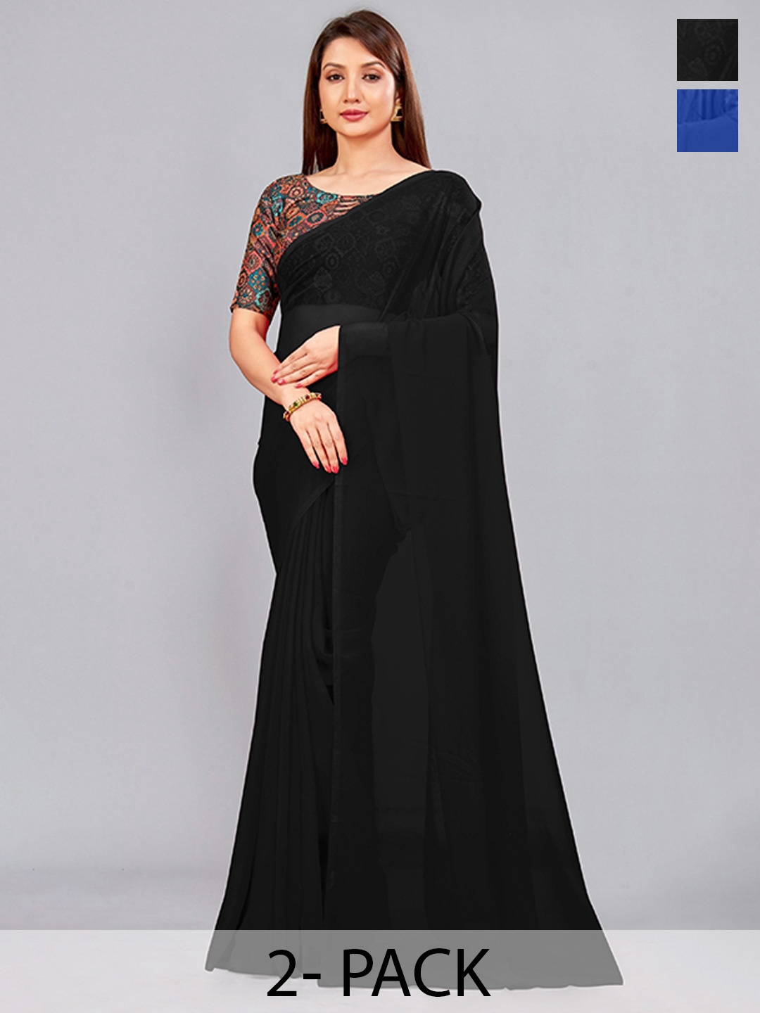 

CastilloFab Selection Of 2 Ethnic Pure Georgette Sarees, Black