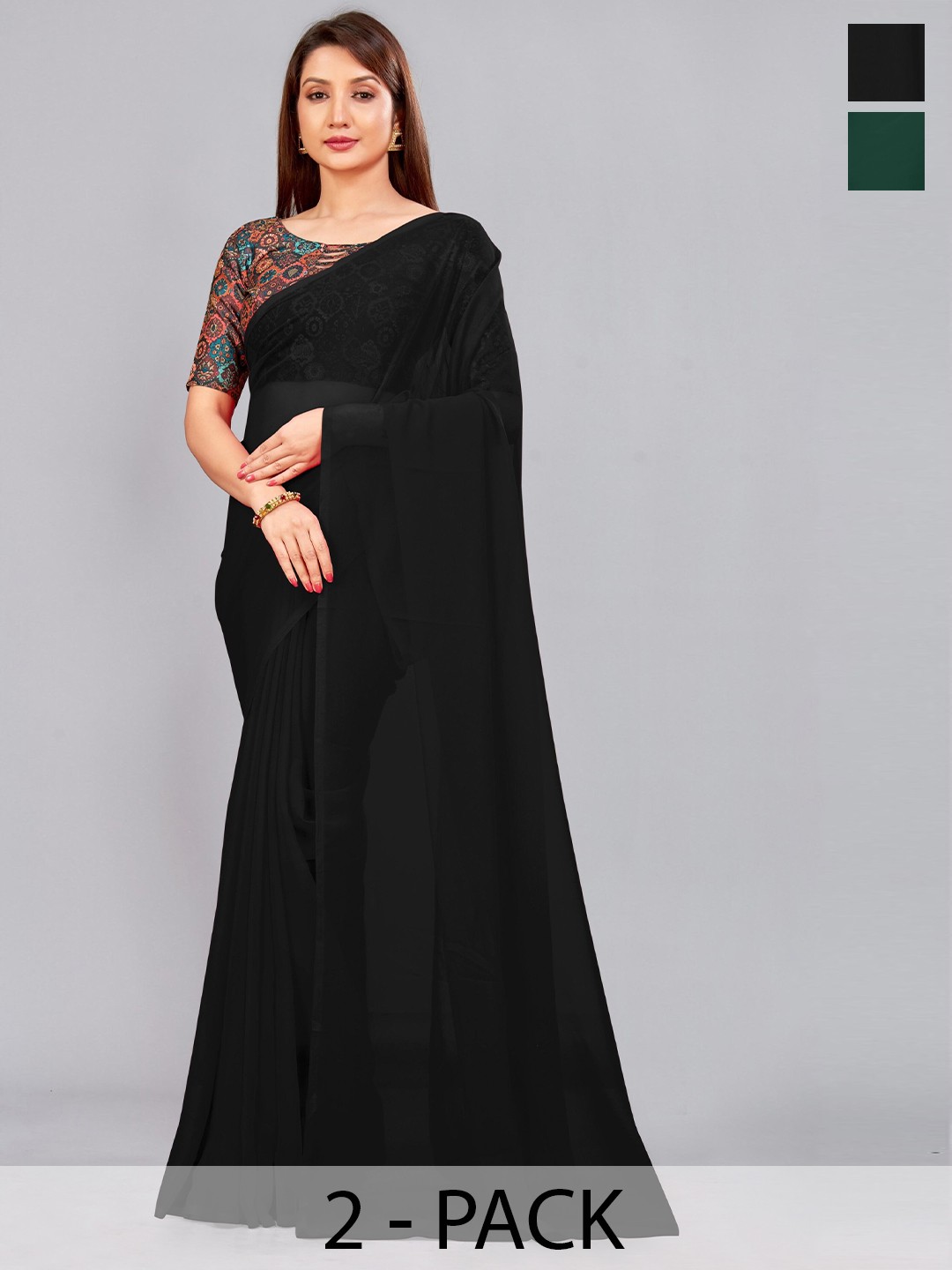 

CastilloFab Selection Of 2 Pure Georgette Saree, Black