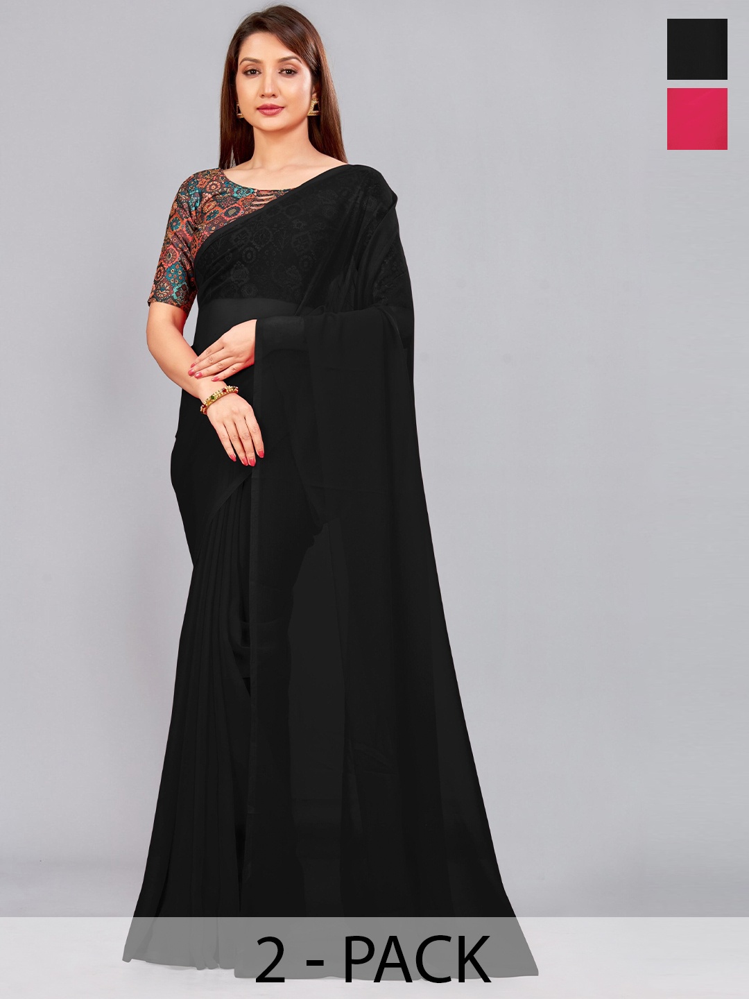 

CastilloFab Pack Of 2 Pure Georgette Saree, Black