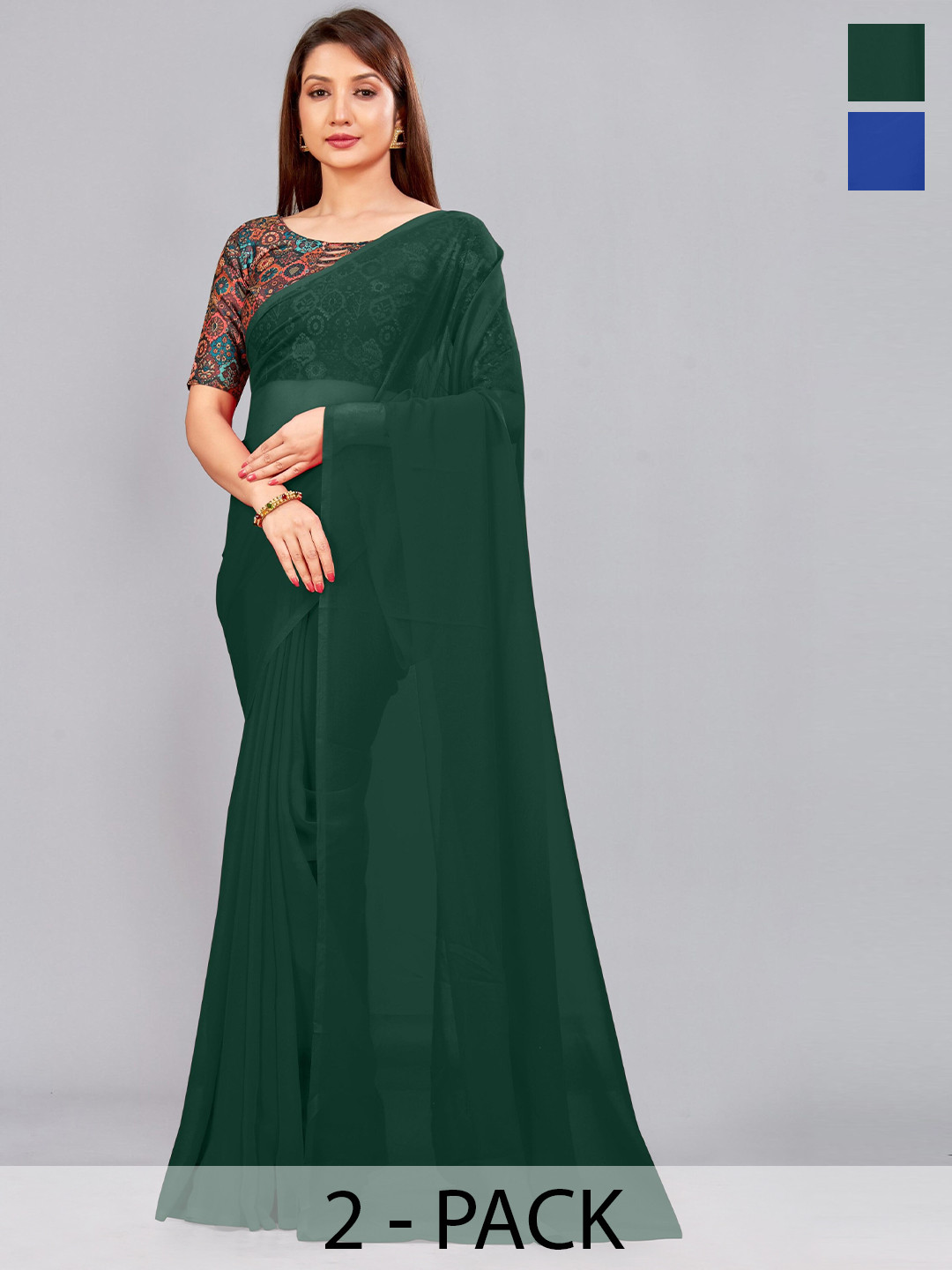 

CastilloFab Selection Of 2 Ethnic Pure Georgette Sarees, Green