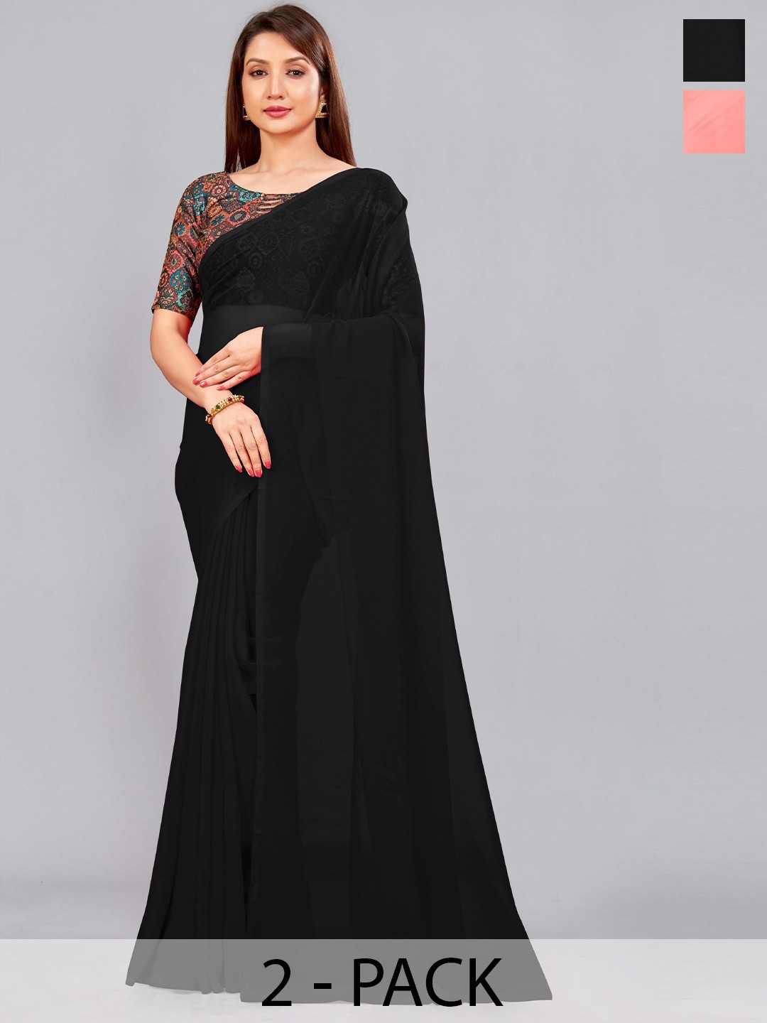 

CastilloFab Pack Of 2 Pure Georgette Saree, Black
