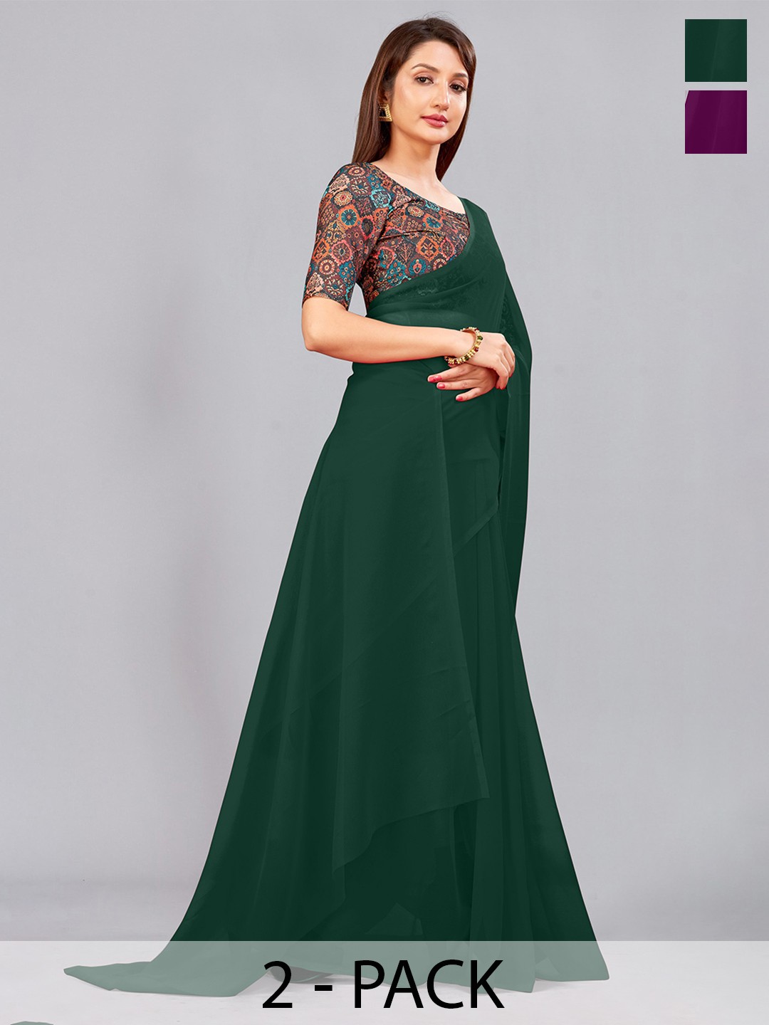 

CastilloFab Selection of 2 Pure Georgette Saree, Green