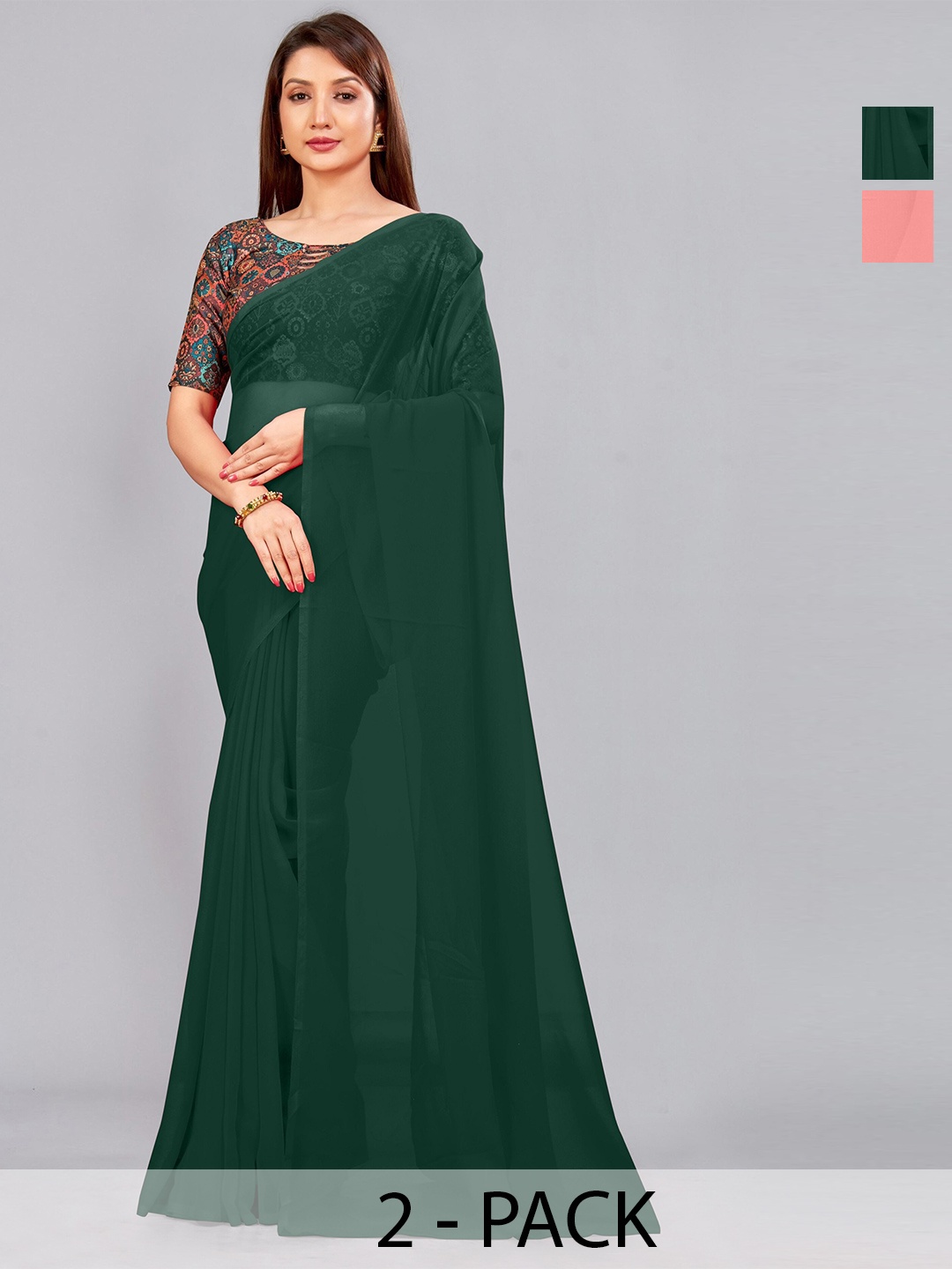 

CastilloFab Selection Of 2 Pure Georgette Sarees, Green