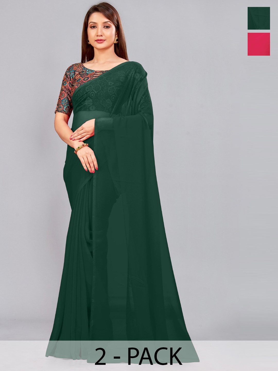 

CastilloFab Pack Of 2 Pure Georgette Saree, Green