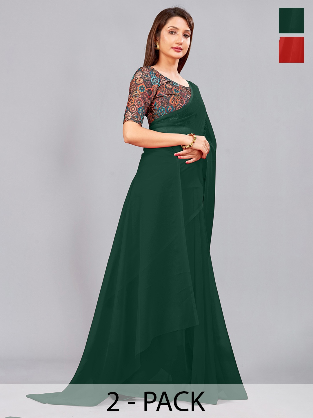 

CastilloFab Selection of 2 Pure Georgette Saree, Green
