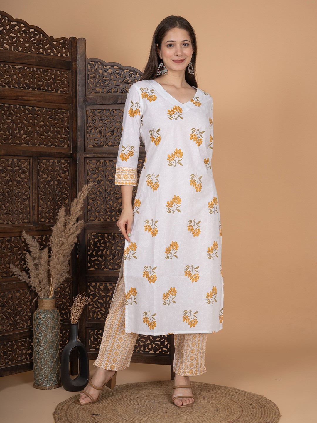 

MEERA FAB Floral Printed Pure Cotton Kurta With Palazzos, Yellow