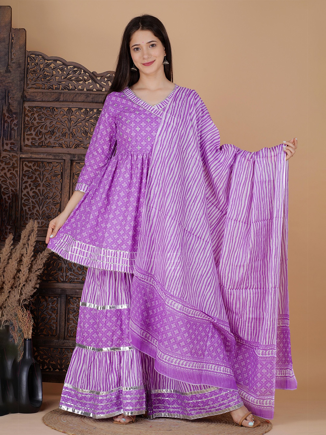 

MEERA FAB Floral Printed Pure Cotton Kurti With Sharara & Dupatta, Purple