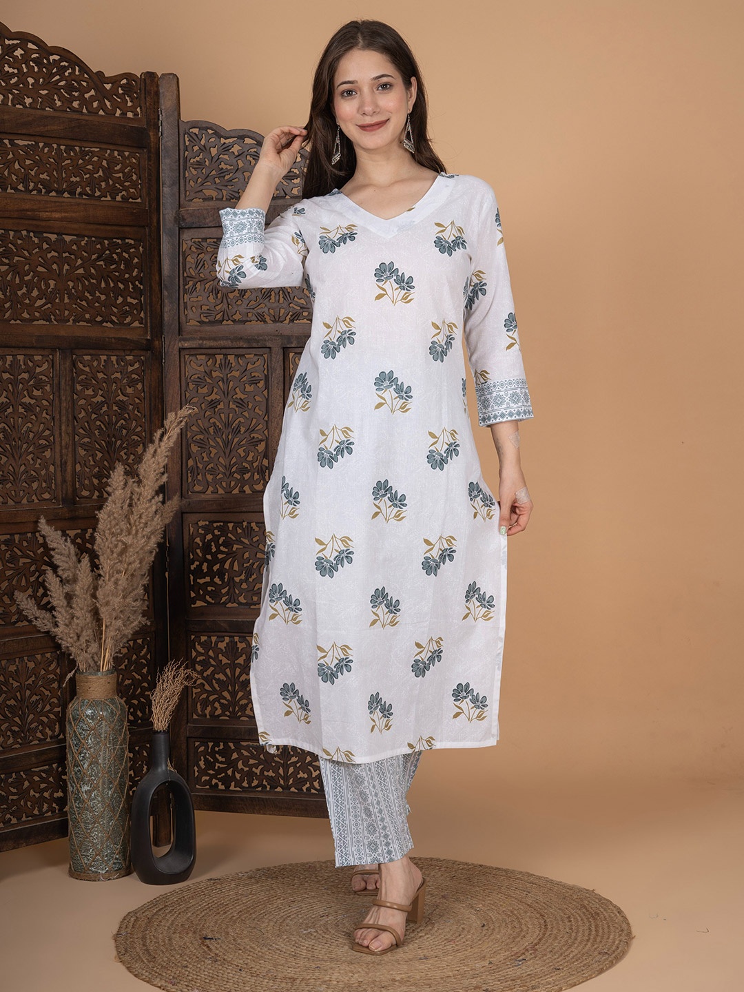 

MEERA FAB V Neck Floral Printed Straight Pure Cotton Kurta with Palazzos, White