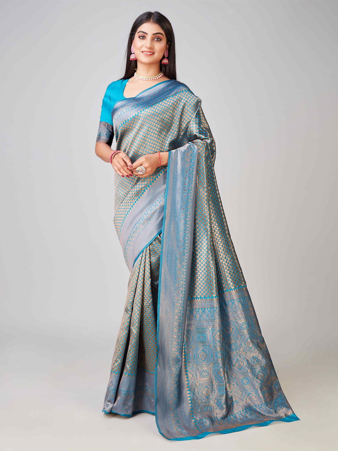 

KALINI Ethnic Motifs Woven Design Zari Jacquard Kanjeevaram Saree, Turquoise blue