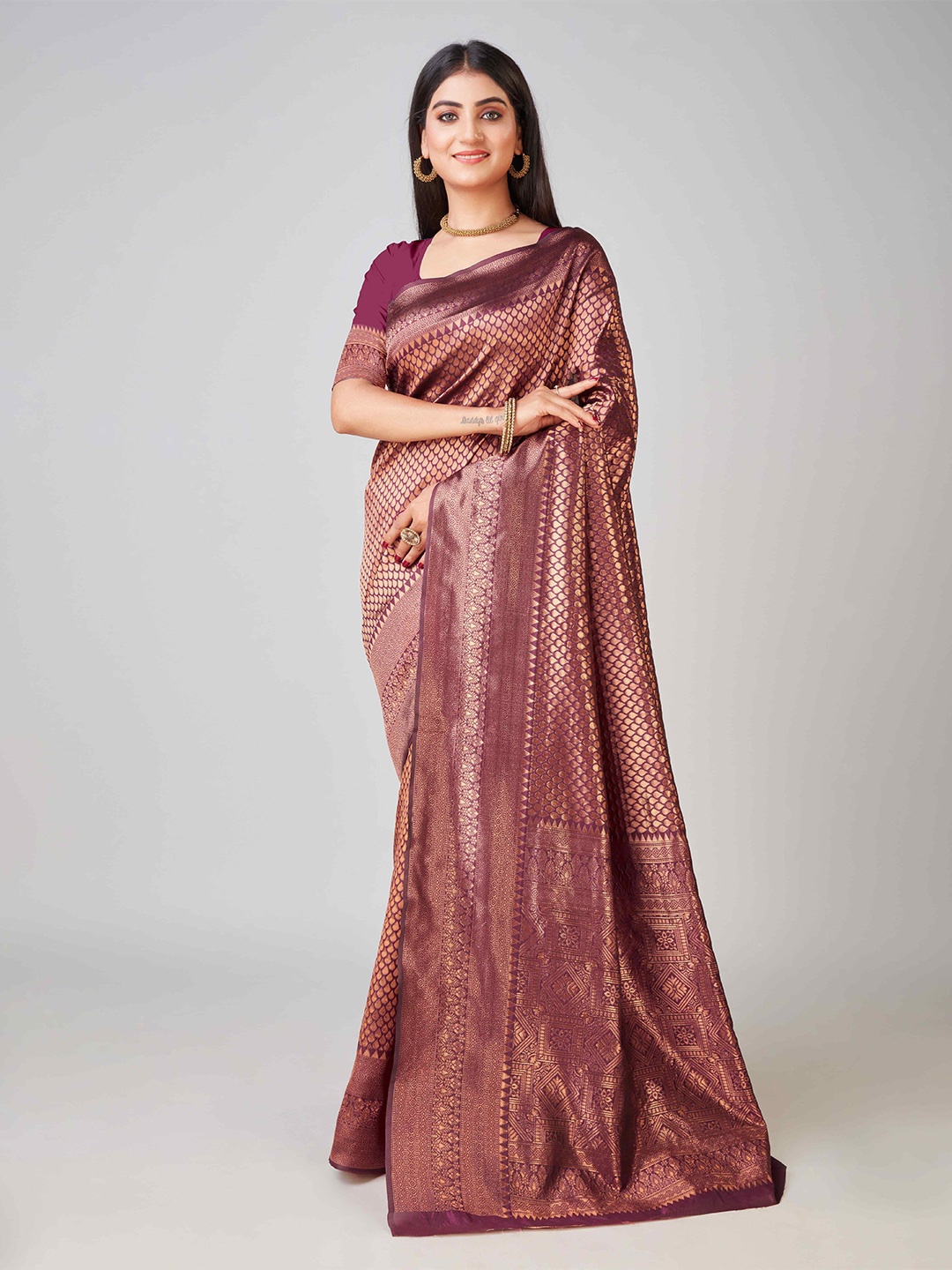 

KALINI Ethnic Motifs Woven Design Zari Jacquard Kanjeevaram Saree, Purple