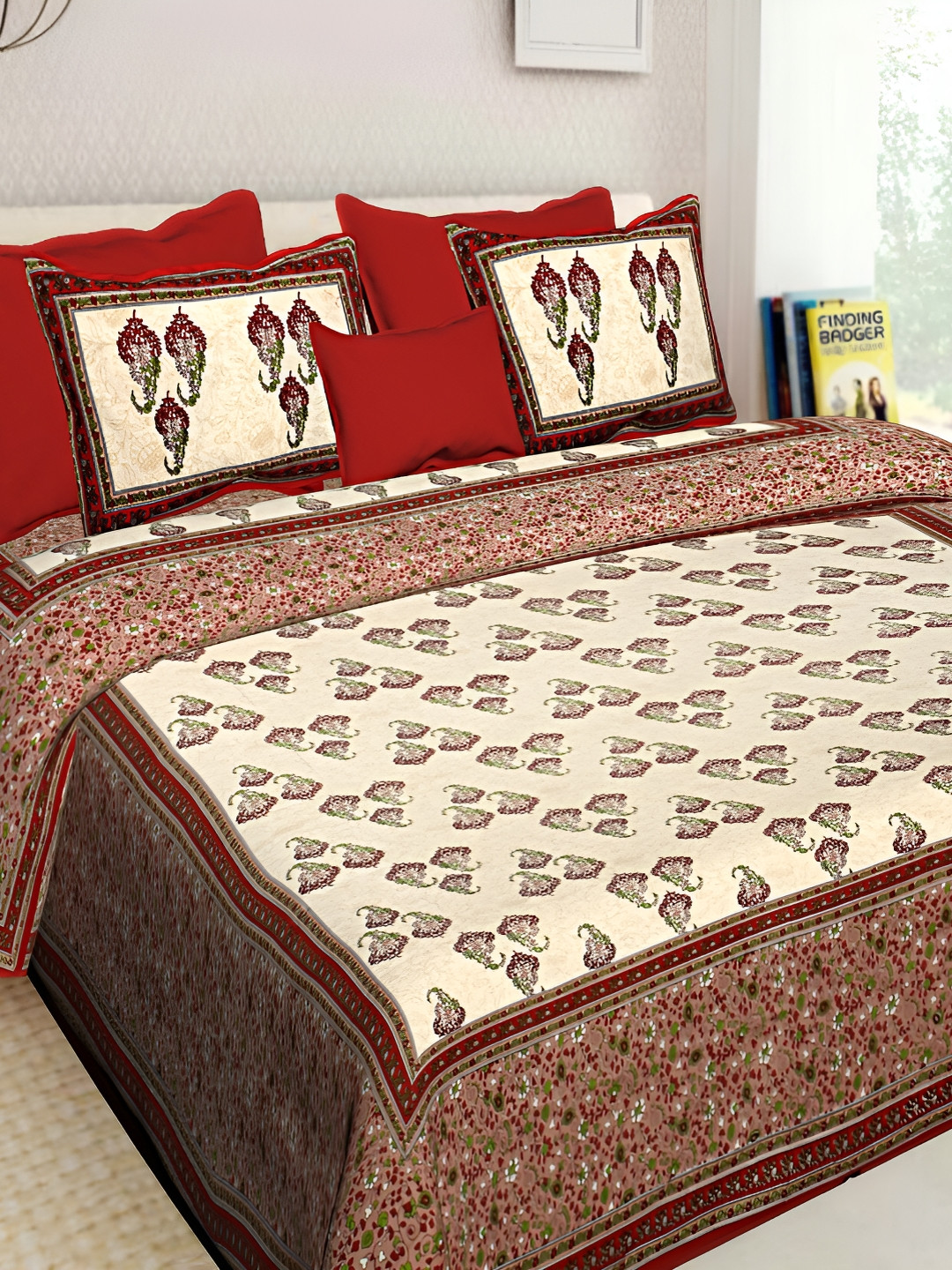 

BOMBAY SPEED Red Ethnic Motifs 180 TC King Bedsheet with 2 Pillow Covers