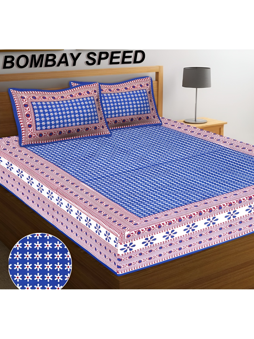 

BOMBAY SPEED Blue Floral Cotton 180 TC King Bedsheet With 2 Pillow Covers