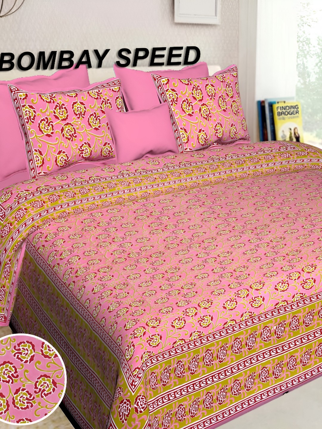 

BOMBAY SPEED Pink Floral Cotton 180 TC King Bedsheet With 2 Pillow Covers