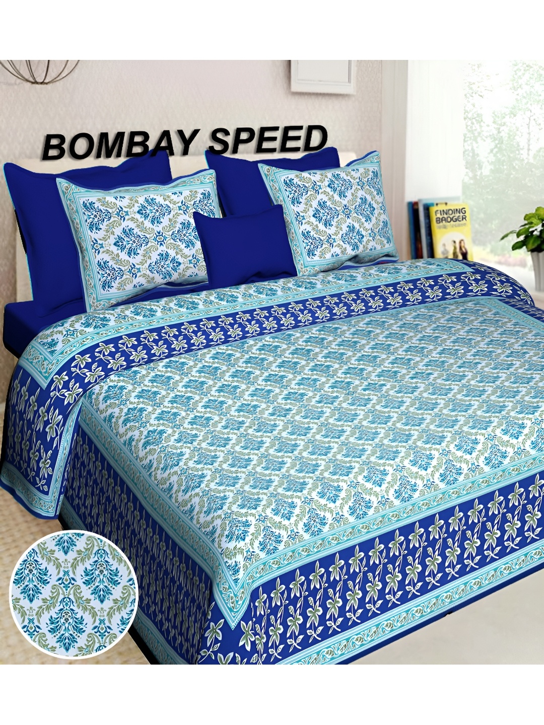 

BOMBAY SPEED Blue Floral Cotton 180 TC King Bedsheet With 2 Pillow Covers