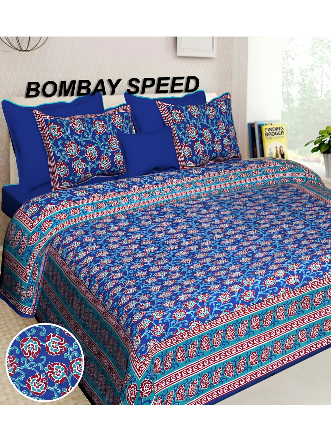 

BOMBAY SPEED Blue Floral 180 TC King Bedsheet with 2 Pillow Covers