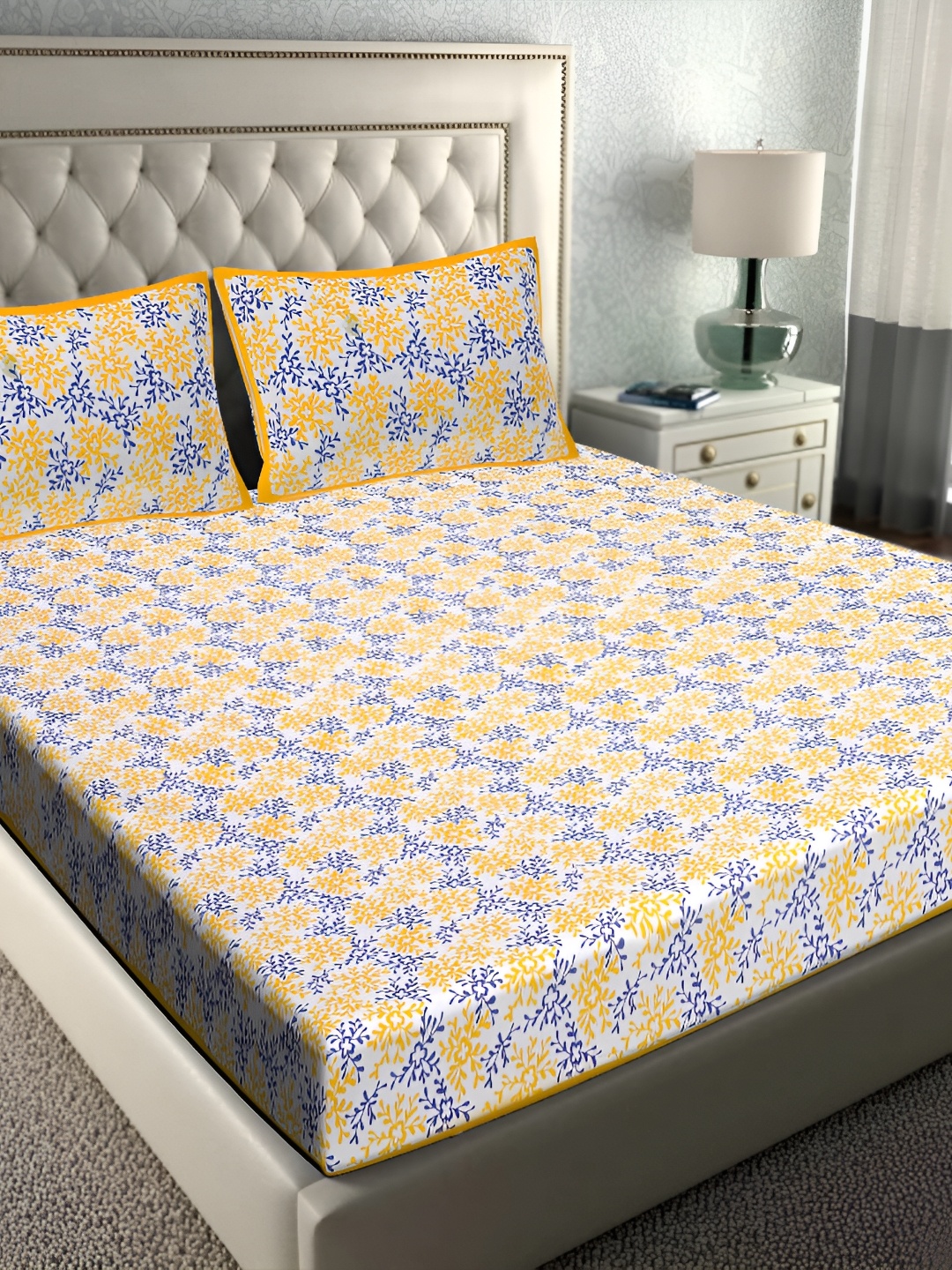 

BOMBAY SPEED Yellow Floral 180 TC King Bedsheet with 2 Pillow Covers