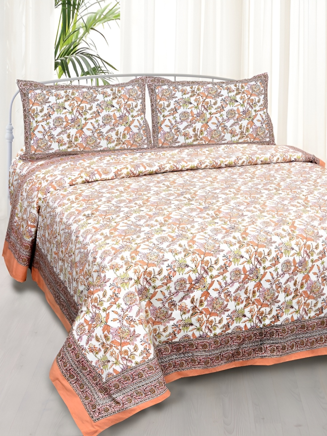 

BOMBAY SPEED Orange Floral Cotton 180 TC King Bedsheet With 2 Pillow Covers