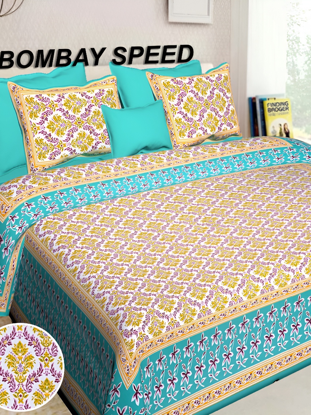 

BOMBAY SPEED Sea Green Floral Cotton 180 TC King Bedsheet With 2 Pillow Covers