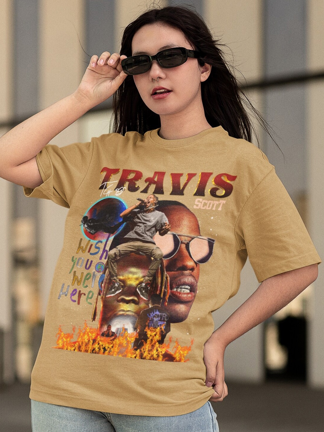 

CAPTCHA Extended Sleeves Graphic Printed Cotton Casual T-shirt, Beige