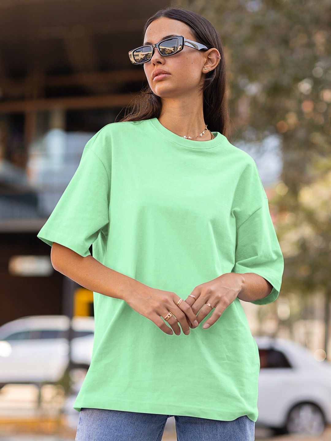 

CAPTCHA Round Neck Extended Sleeves Cotton Oversized Casual T-shirt, Green