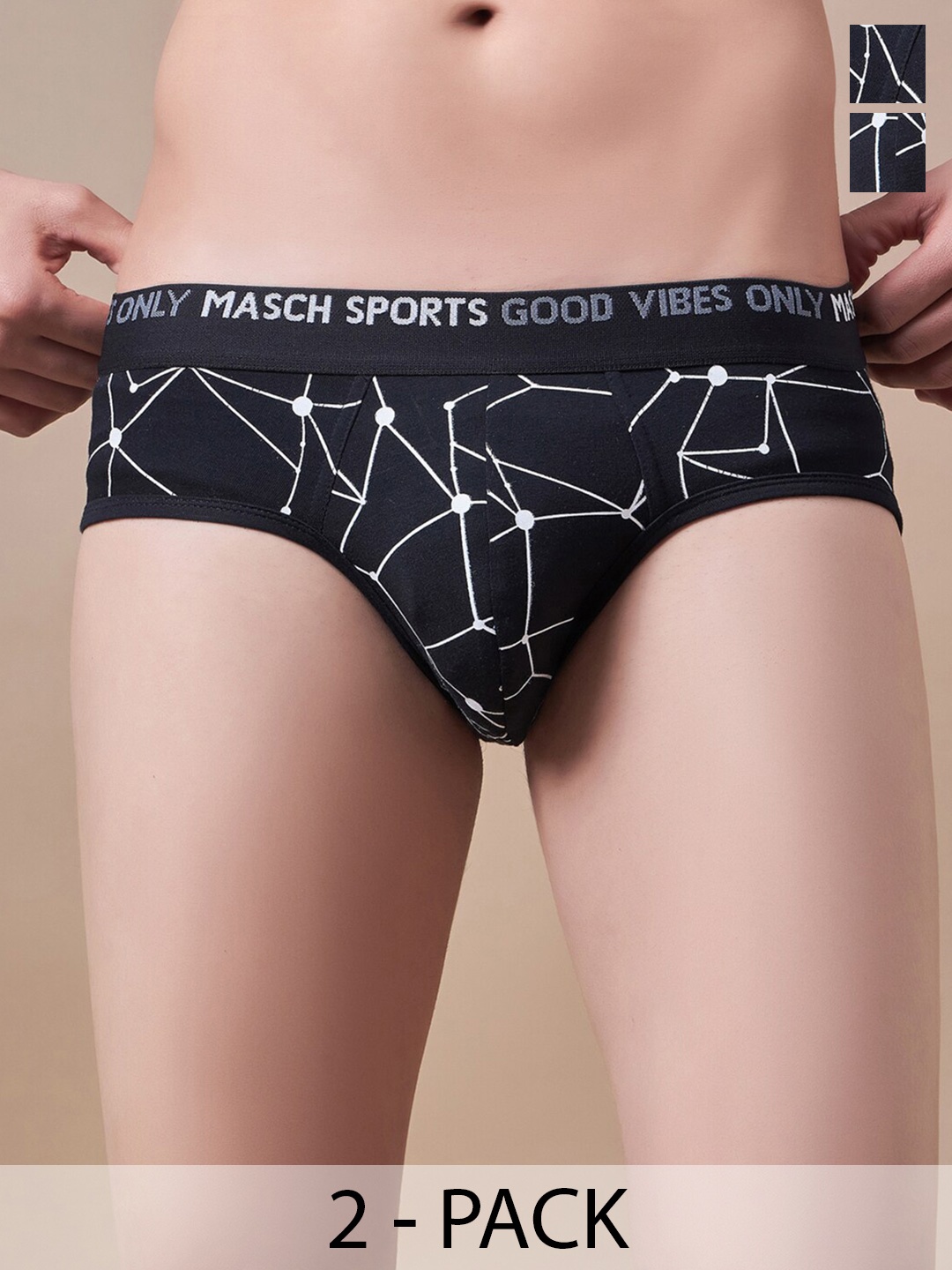 

Masch Sports Pack Of 2 Abstract Printed Anti Microbial Basic Briefs BRF-2-PRT-ET-BLK-BLK, Black