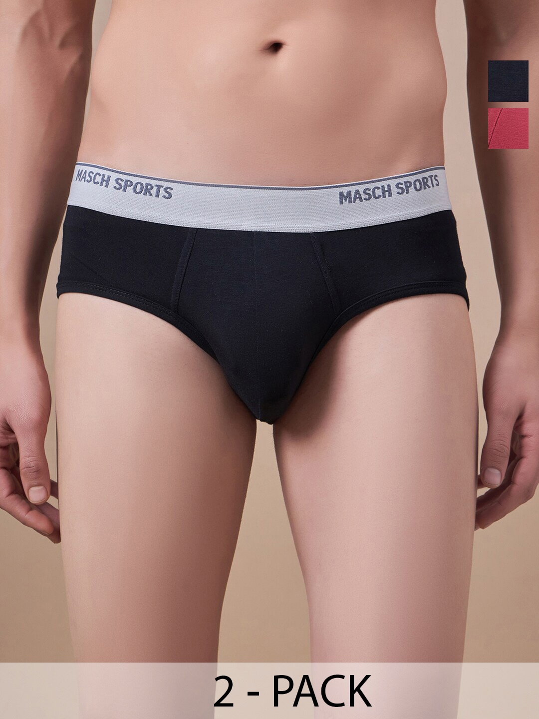 

Masch Sports Pack Of 2 Mid -Rise Anti-Microbial Basic Briefs BRF-2-SOL-ET-BLK-RED, Black