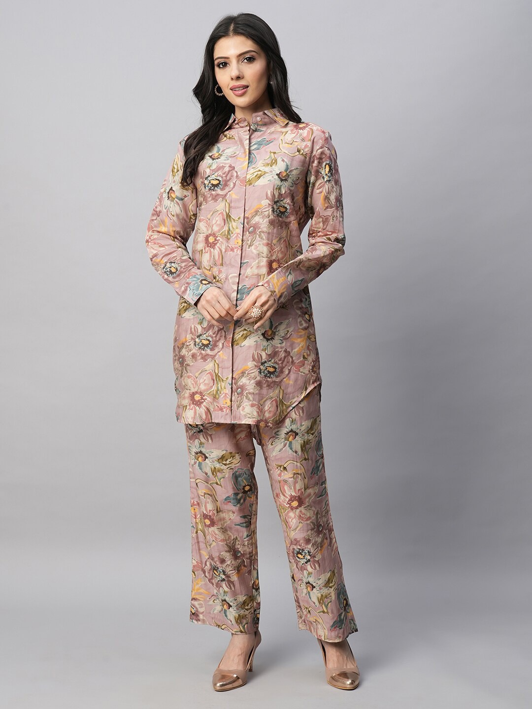 

AMRUTVARSHA CREATION Floral Printed Shirt Collar Tunic With Trousers, Pink