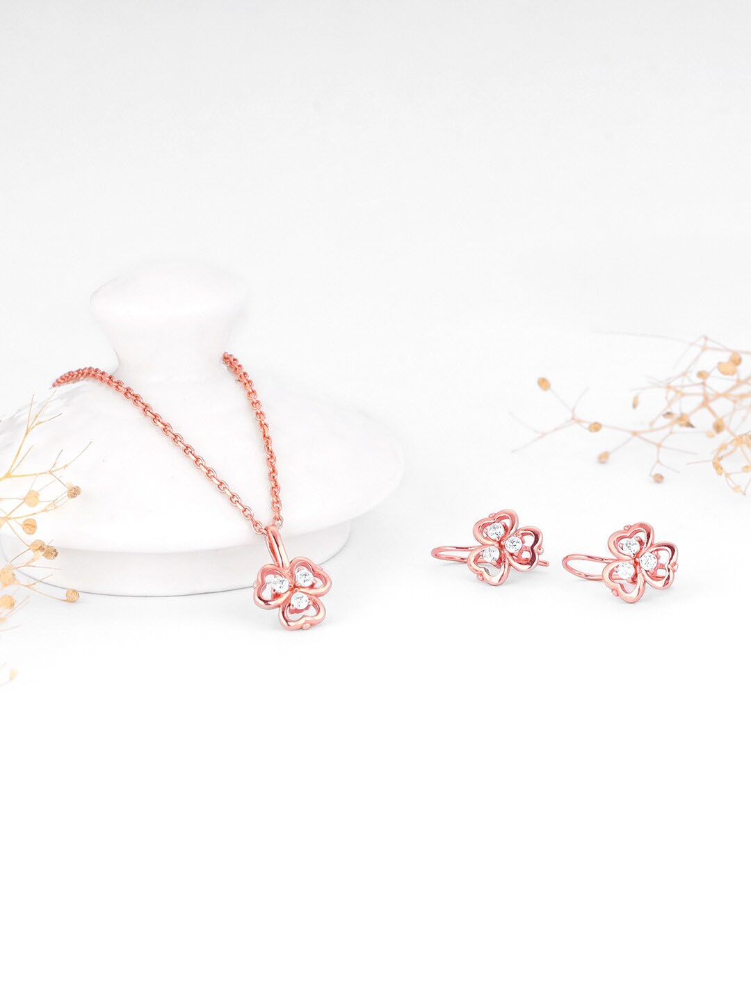 

GIVA Rose Gold-Plated 925 Sterling Silver Stones-Studded Three Leaf Clover Jewellery Set