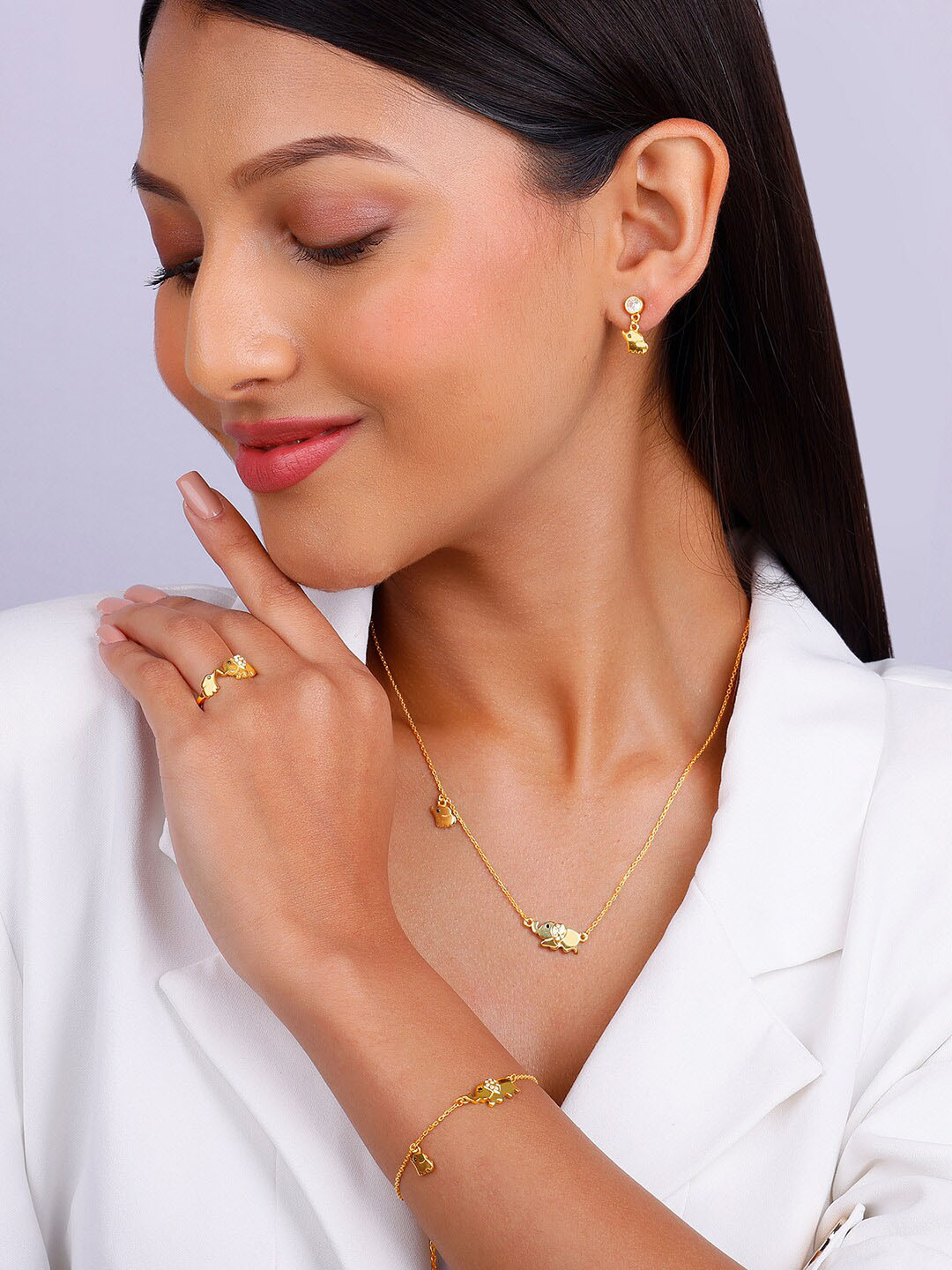 

GIVA 92.5 Sterling Silver Gold-Plated Stone-Studded Elephant Charm Jewellery Set