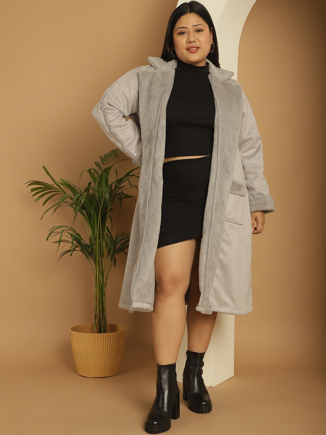 

theRebelinme Plus Size Notched Lapel Collar Front-Open Longline Overcoat, Grey