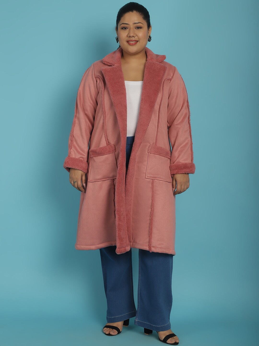 

theRebelinme Plus Size Notched Lapel Collar Front-Open Longline Overcoat, Pink