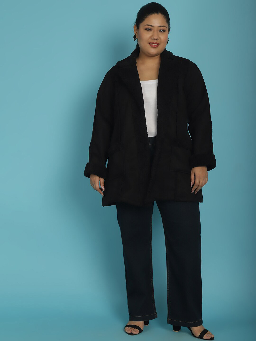 

theRebelinme Plus Size Lapel Collar Lightweight Longline Open Front Jacket, Black