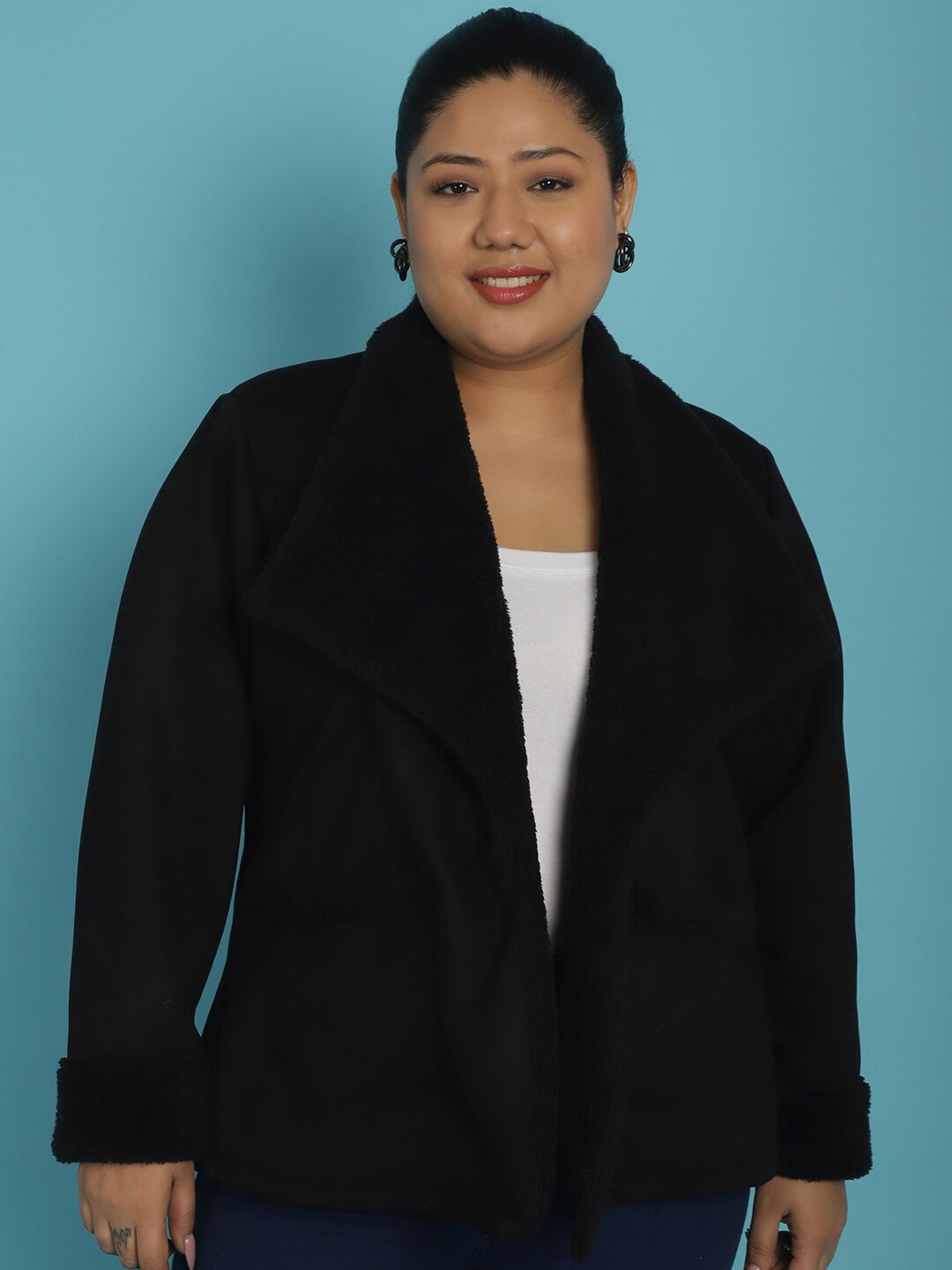 

theRebelinme Plus Size Spread Collar Lightweight Open Front Jacket, Black