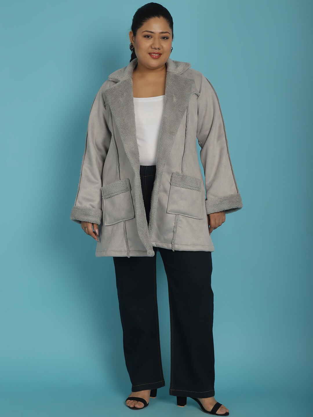 

theRebelinme Plus Size Lapel Collar Lightweight Longline Open Front Jacket, Grey