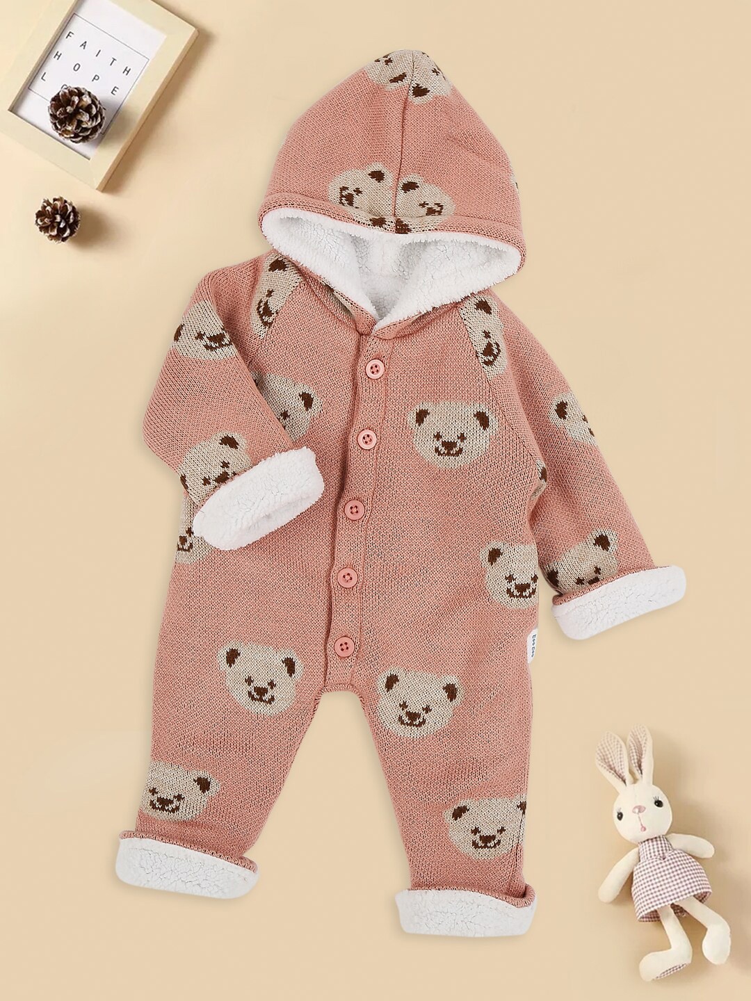 

MeeMee Infants Self-Design Cotton Hooded Romper, Pink