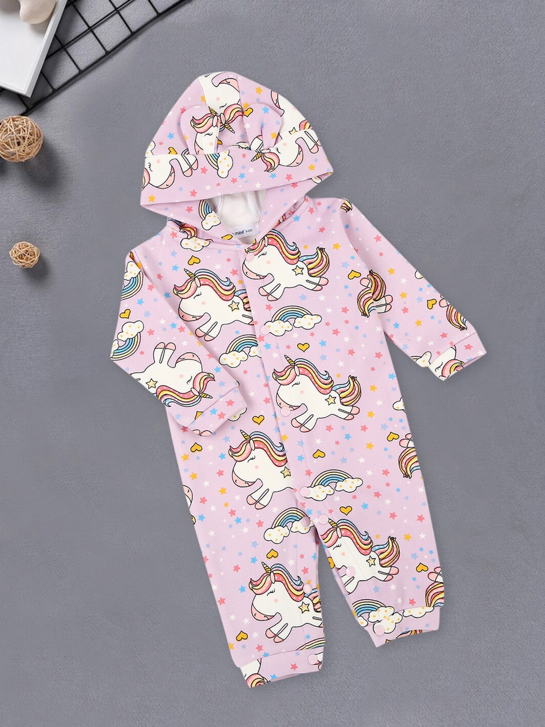 

MeeMee Infants Printed Hooded Cotton Rompers, Pink