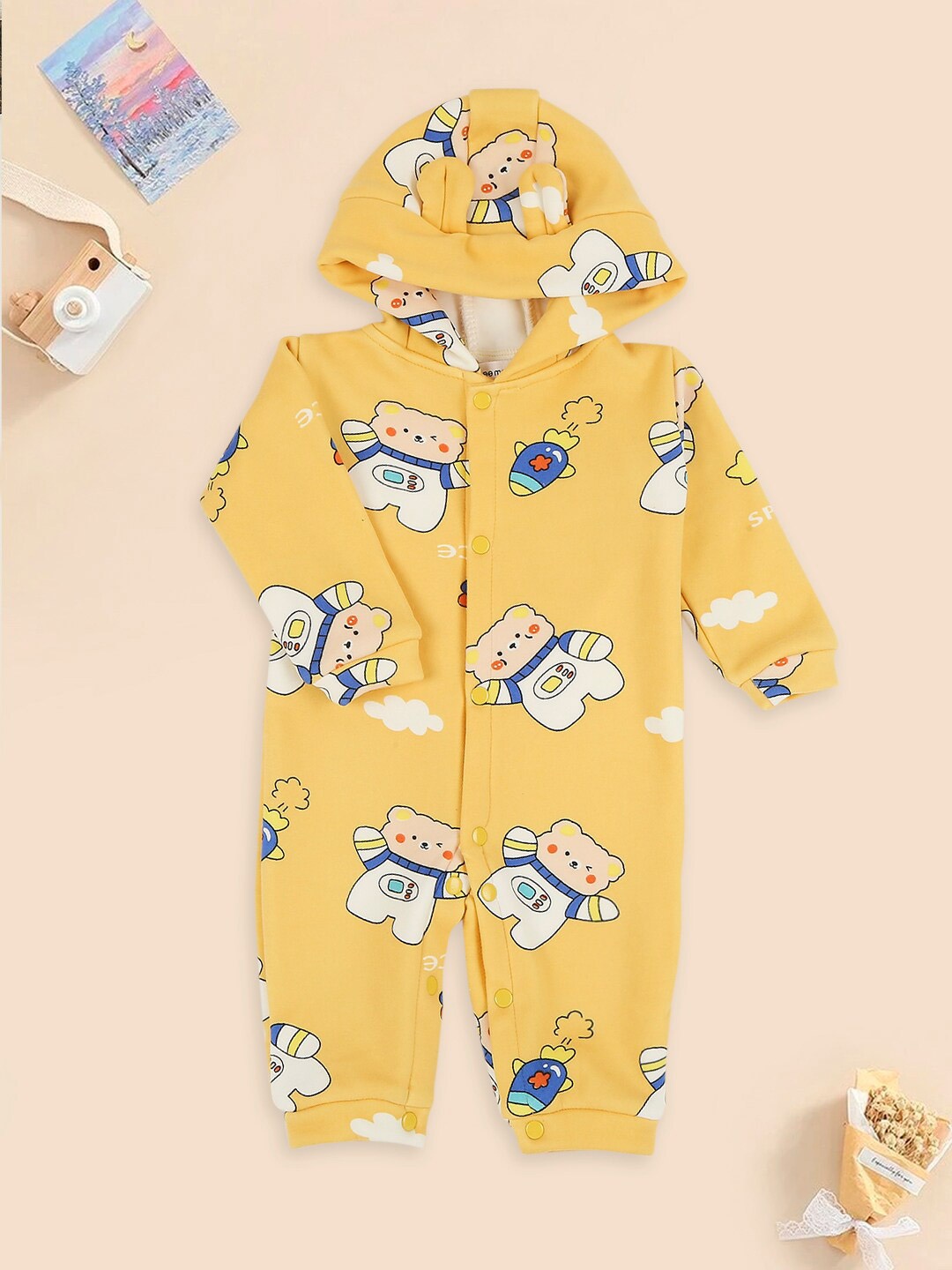 

MeeMee Infants Printed Hooded Cotton Rompers, Yellow