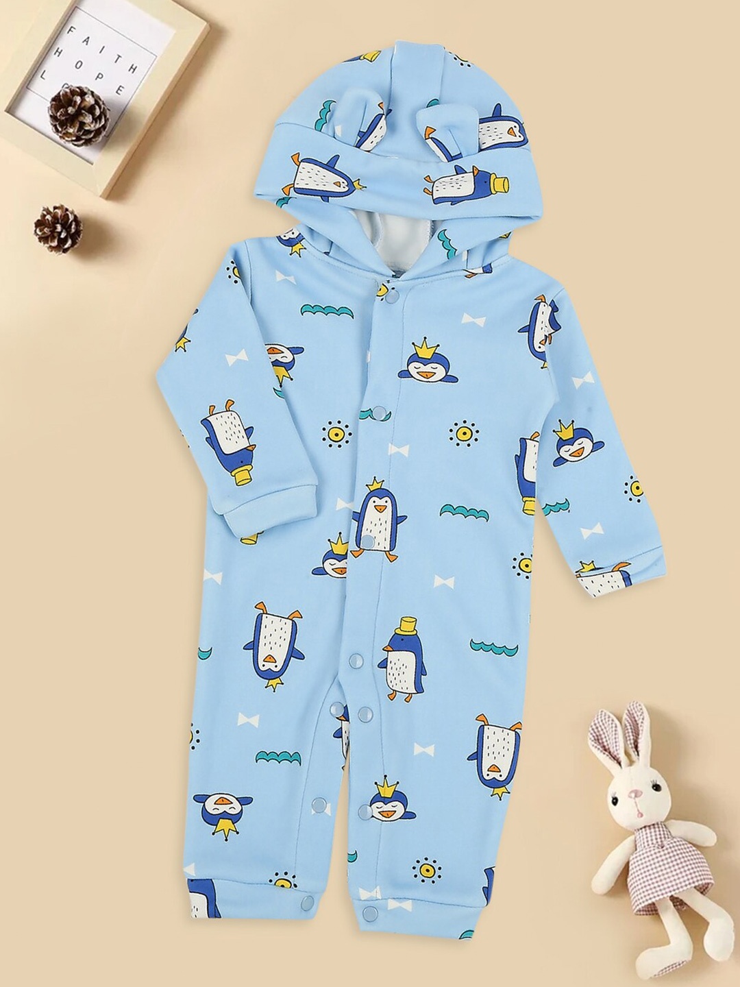

MeeMee Infants Printed Hooded Cotton Rompers, Blue