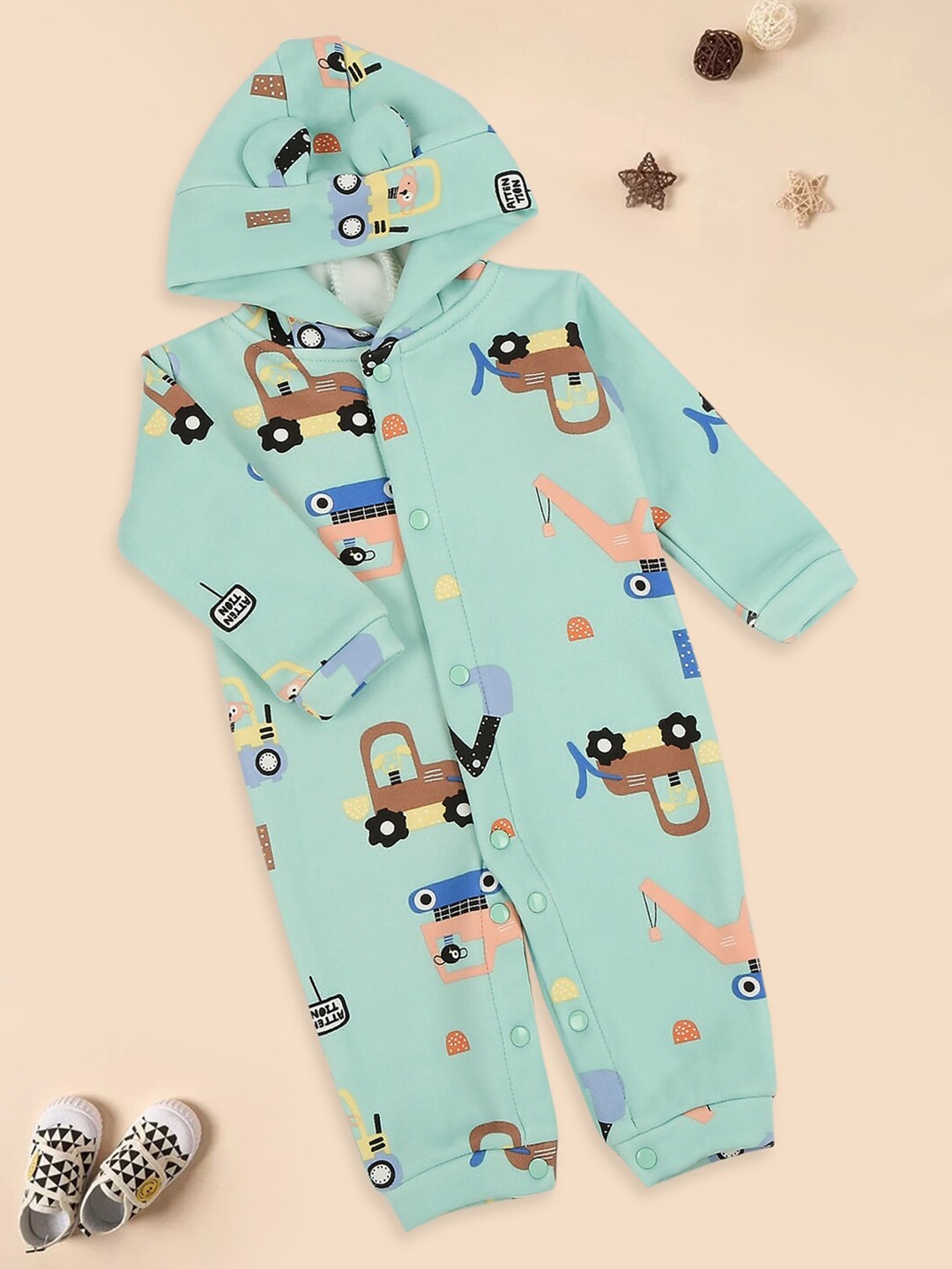 

MeeMee Infants Printed Hooded Cotton Rompers, Green